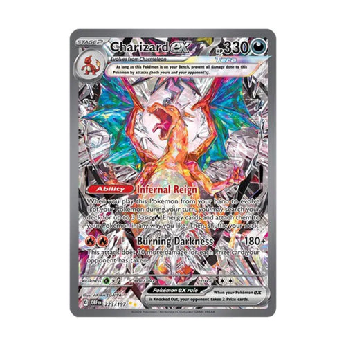 Charizard EX trading card featuring a holographic finish, abilities 'Infernal Reign' and 'Burning Darkness', numbered 223/197.