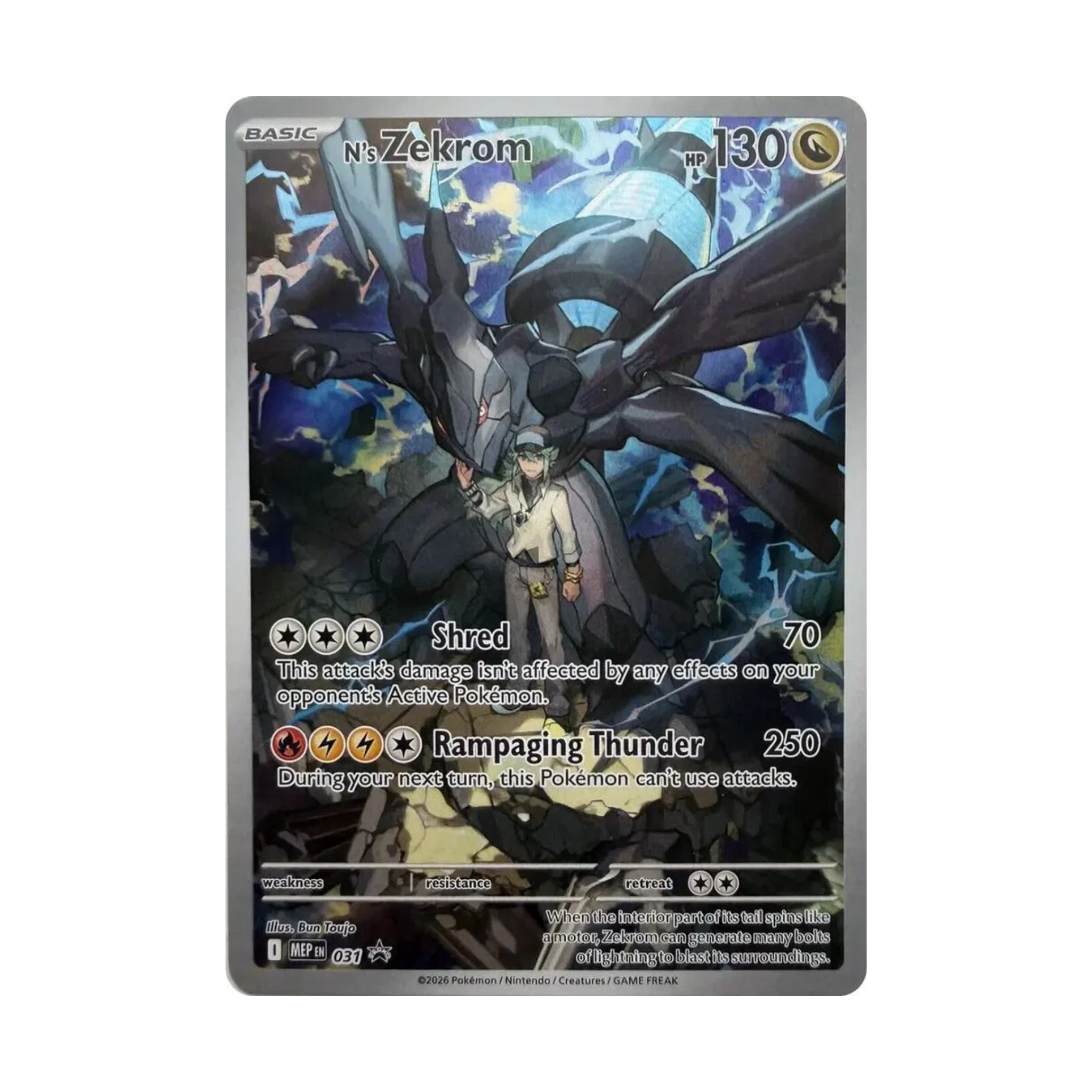 N's Zekrom trading card featuring a dark, stormy background, HP 130, and attacks 'Shred' and 'Rampaging Thunder'.